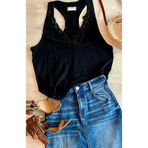 Free People We The Free Mina Lace Trim Racerback Tank Black M